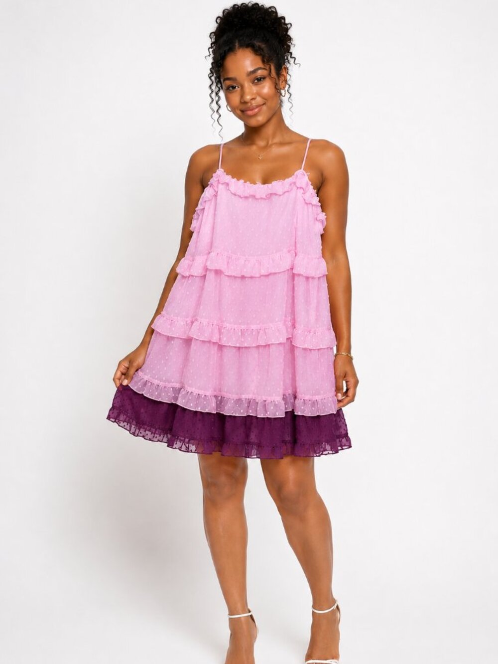 Pink Tiered Ruffle Babydoll Mini Dress | Sheer Swiss Dot | Fairycore Coquette